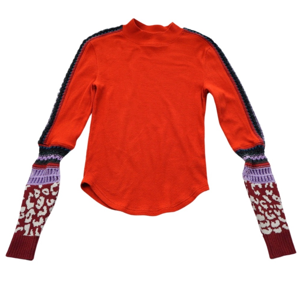 Free People Thermal Top Small Red Embroidered Sleeve Boho Statement